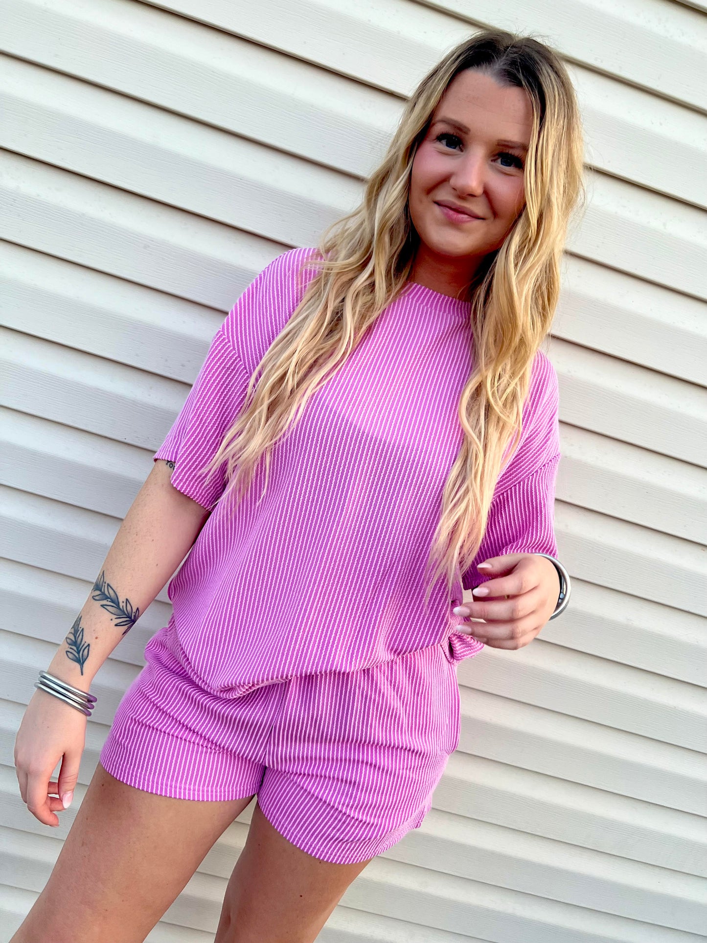 Ribbed Textured Loose Fit Tee/Shorts Set