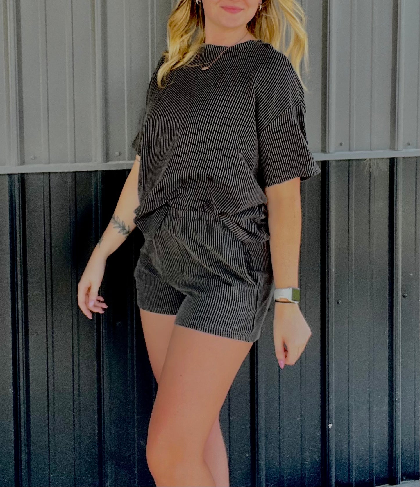 Ribbed Textured Loose Fit Tee/Shorts Set