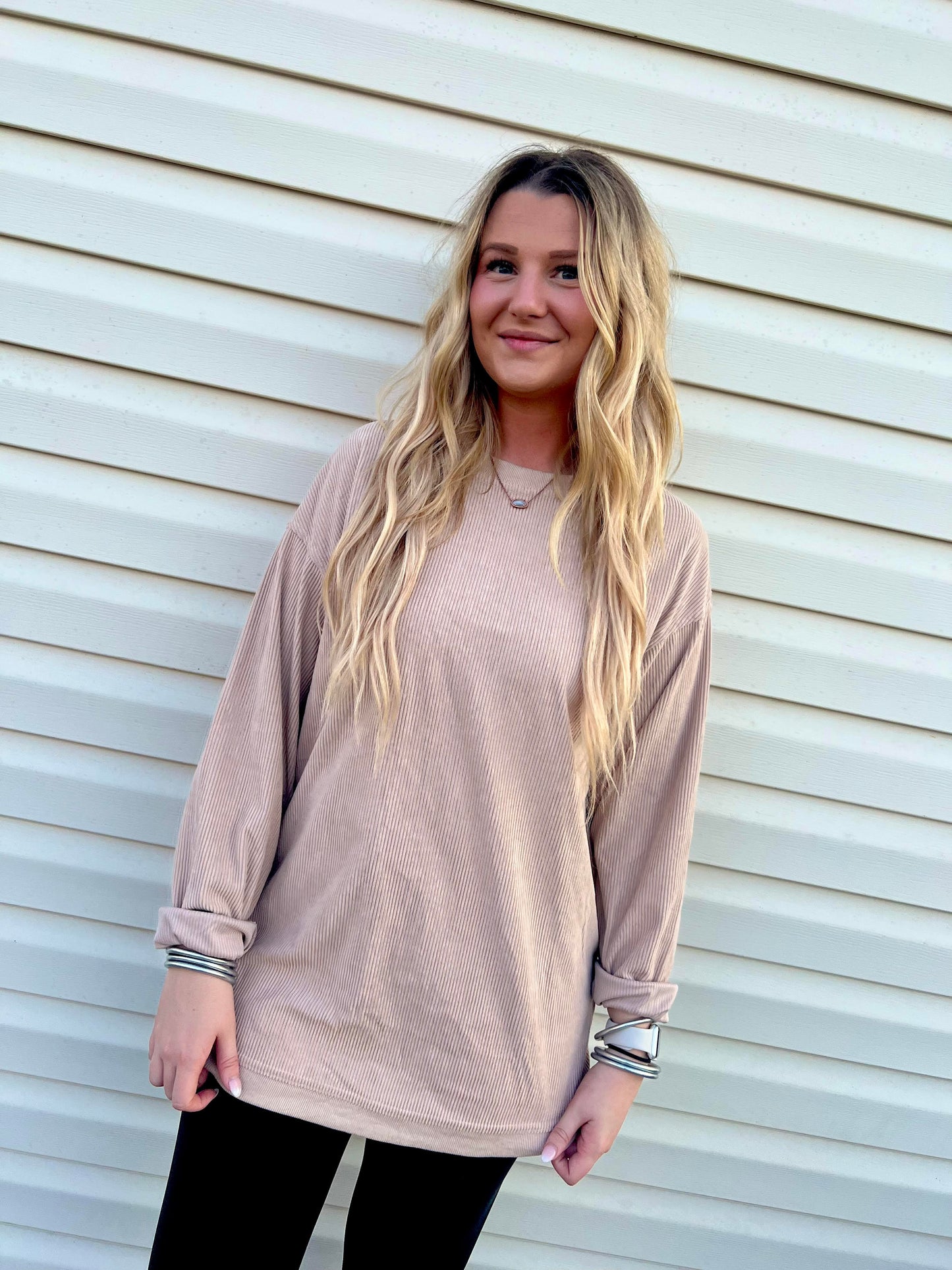 Long Sleeve Ribbed Corded Oversized Sweatshirt