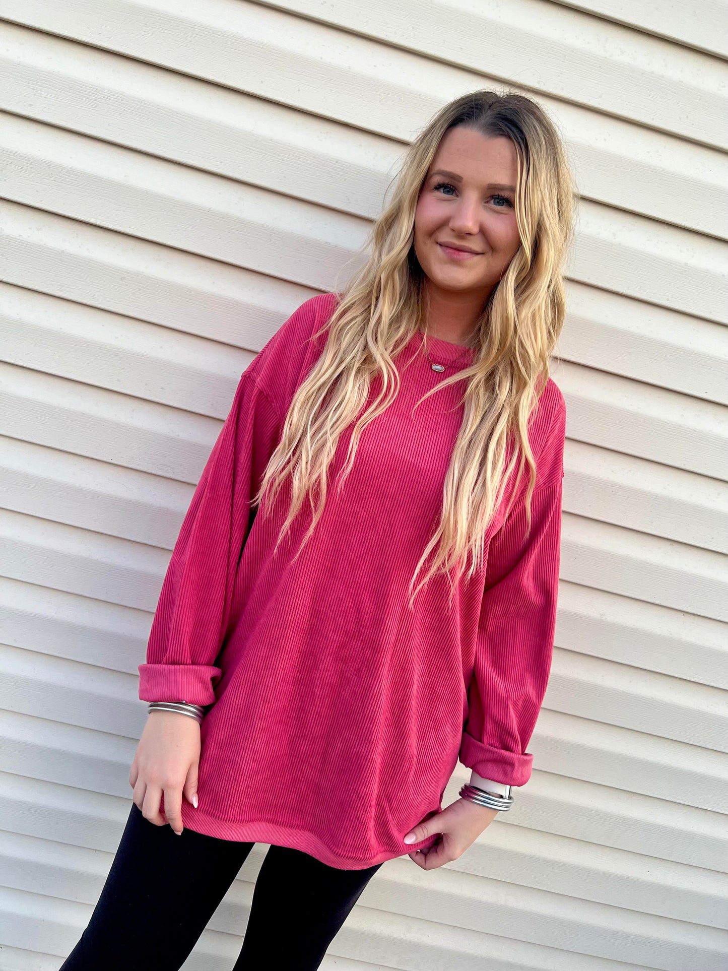 Long Sleeve Ribbed Corded Oversized Sweatshirt